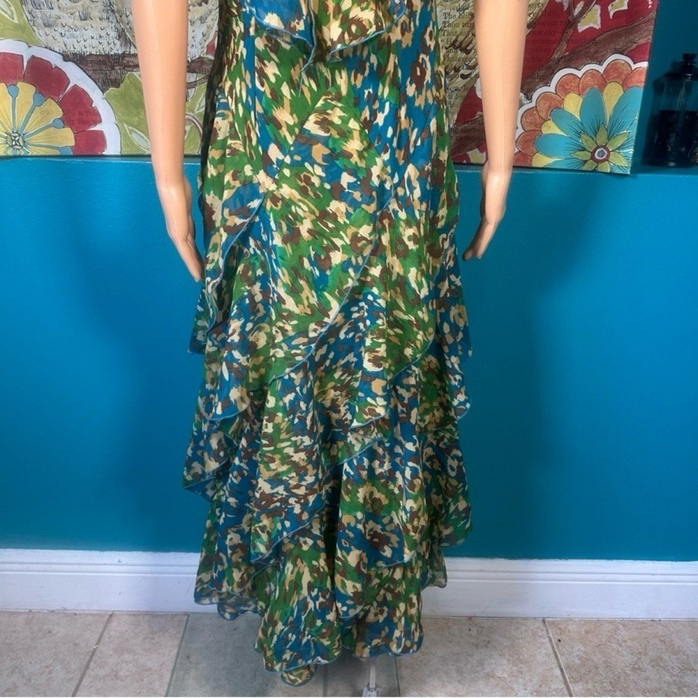 Robbie Bee Maxi Dress Women's Size 8 Ruffle Green Blue Abstract Print Tiered - Picture 11 of 12